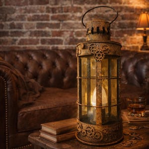 Puede incluir: Una linterna de estilo antiguo con un acabado oxidado y desgastado. La linterna presenta un diseño de jaula con paneles de vidrio y engranajes decorativos. Tiene un asa y contiene una bombilla encendida. La linterna está sobre una mesa de madera.