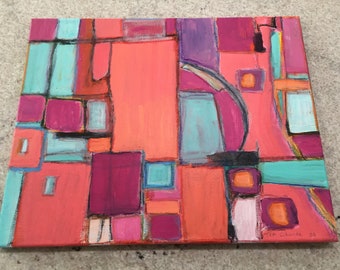 Untitled  Coral & Turquoise Abstract Acrylic Painting Signed