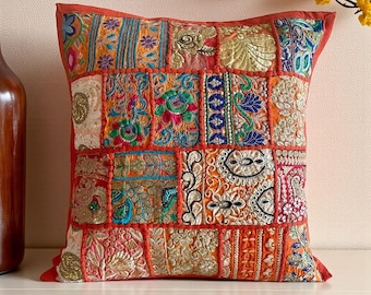 Bunter Indischer Patchwork Kissenbezug - Boho Bestickter dekorativer Kissenbezug - Handgemachtes quadratisches Dekokissen für die Couch 16x16