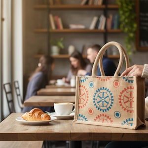 Könnte beinhalten: Beige Tragetasche mit einem sich wiederholenden Muster aus roten und blauen Zahnrädern. Die Tasche hat eine rechteckige Form mit einer Naturfaserstruktur und passenden beigen Griffen. Die Tasche steht auf einem Holztisch in einem Café.