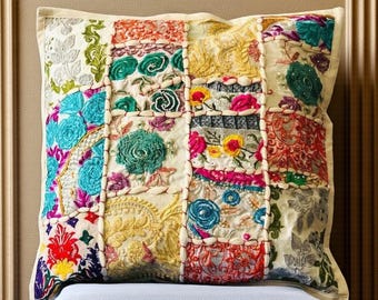 Bunter Indischer Patchwork Kissenbezug - Boho Bestickter dekorativer Kissenbezug - Handgemachtes quadratisches Dekokissen für die Couch 16x16
