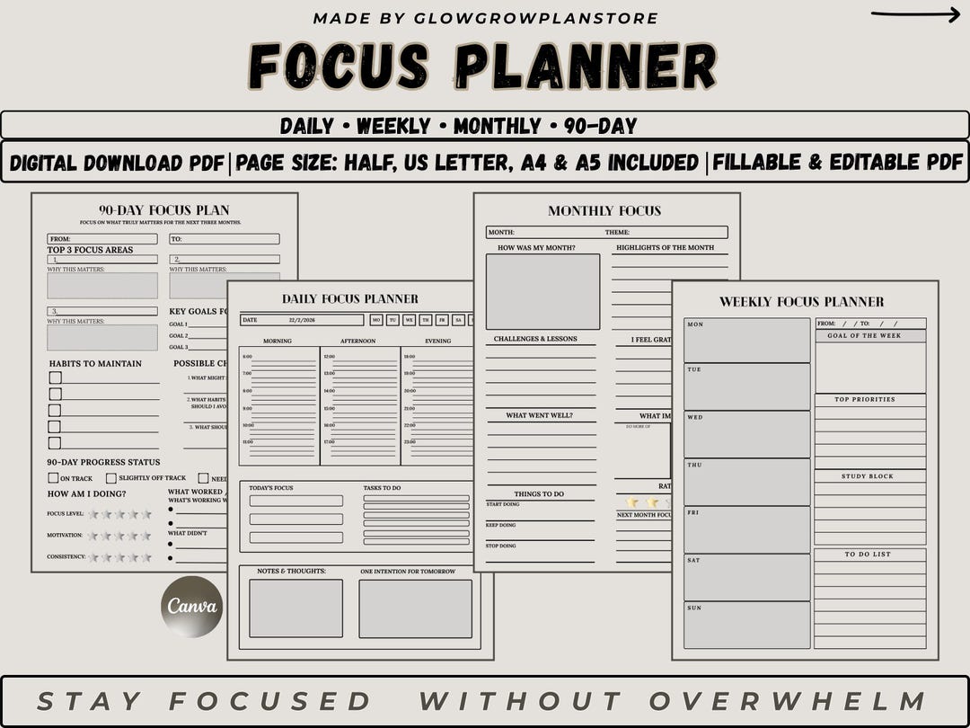 Focus Planner Printable | Daily Weekly Monthly | Digital Download ...