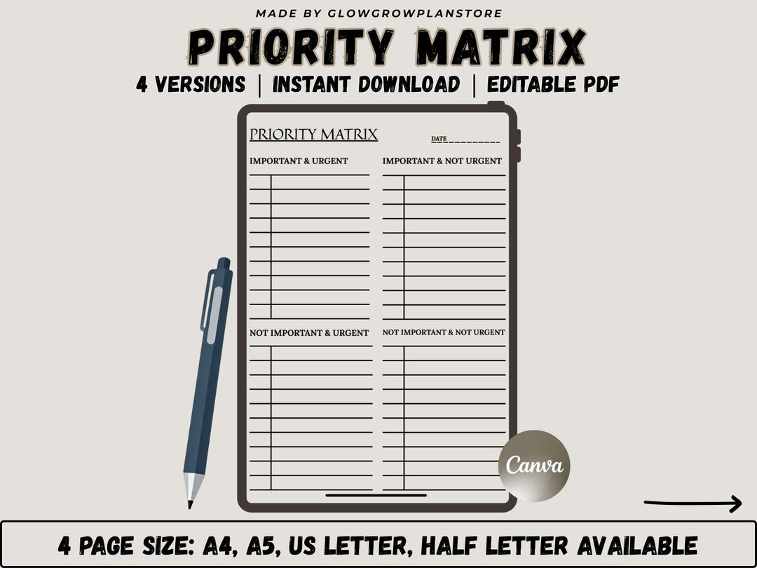Priority Matrix Printable, Task Planner, A4 A5, Canva Editable (PDF ...