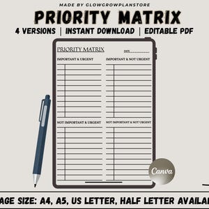 Priority Matrix Printable Planer | Eisenhower Matrix Planer |Aufgabenplaner | -Produktivitäts-Planer | Bearbeitbares PDF A4 A5 US Letter