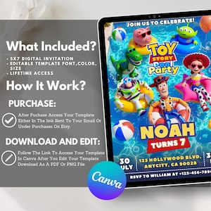 Toy Story Pool Party Birthday Invitation, Summer Kids Birthday Invite, Toy Story Pool Party, Editable Canva Template (Digital Download) afbeelding 7