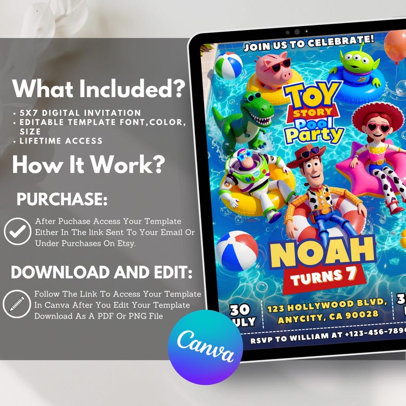Toy Story Pool Party Birthday Invitation, Summer Kids Birthday Invite, Toy Story Pool Party, Editable Canva Template (Digital Download) afbeelding 7