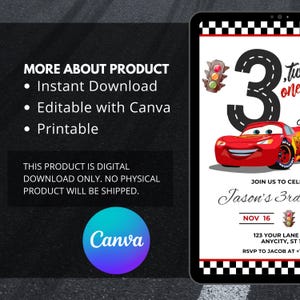 Lightning Mcqueen 3rd Birthday Invitation, Cars Theme, Kids Birthday Party, Editable Personalized Canva Digital Download image 5