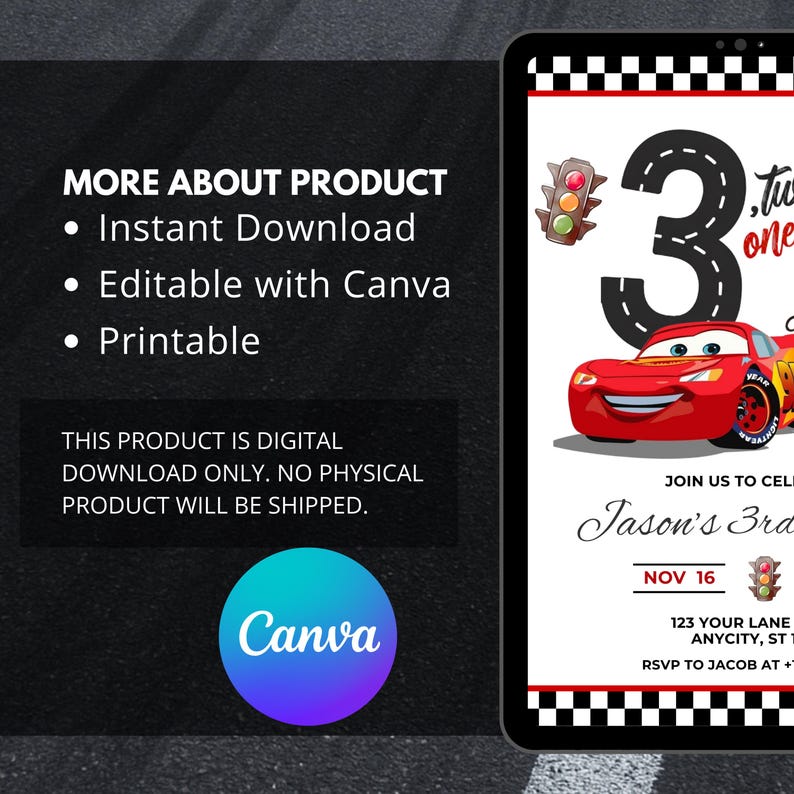 Lightning Mcqueen 3rd Birthday Invitation, Cars Theme, Kids Birthday Party, Editable Personalized Canva Digital Download image 5