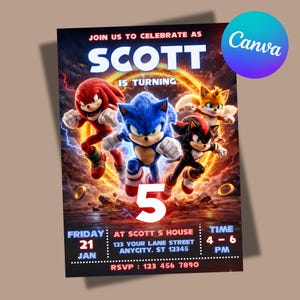 May include: A birthday party invitation featuring Sonic the Hedgehog and friends. The invitation includes the text "Join us to celebrate as Scott is turning 5." The date, time, location, and RSVP information are also included.