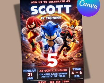 Sonic 3 Birthday Invitation, Sonic The Hedgehog Party Invite, Printable Kids Birthday Party Evite, Editable Canva Template