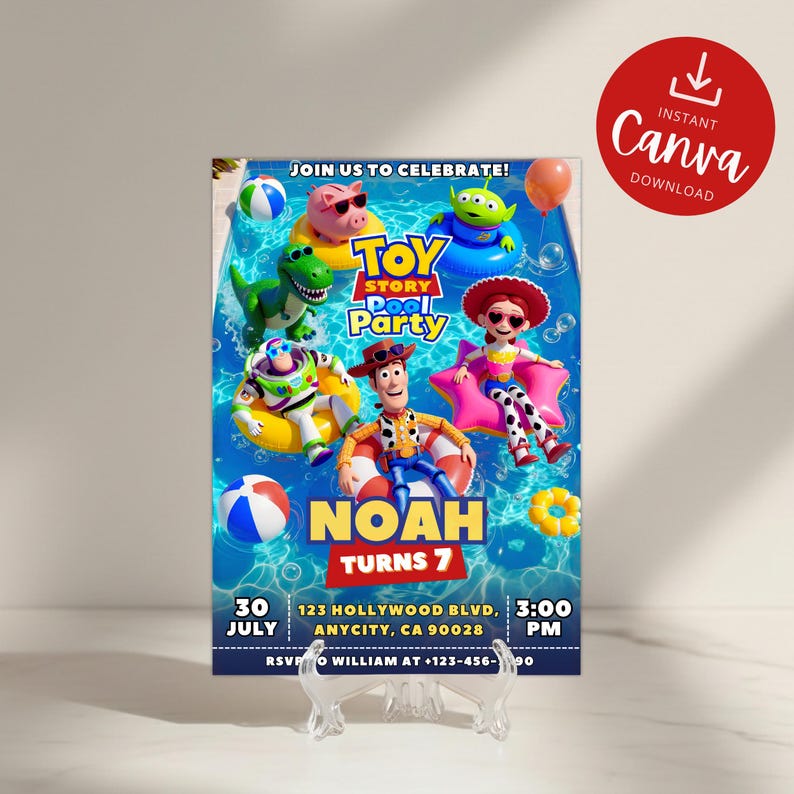 Op de afbeelding: Een Toy Story zwembadfeest uitnodiging met personages zoals Woody, Jessie, Buzz Lightyear, Rex en een alien in een blauw zwembad. De tekst luidt JOIN US TO CELEBRATE, TOY STORY POOL PARTY, NOAH TURNS 7, 30 JULY, 123 HOLLYWOOD BLVD, 3:00 PM.