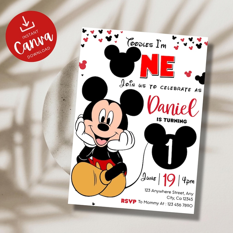 Editable Mickey Mouse 1st Birthday Invitation for Boys, Personalized ...