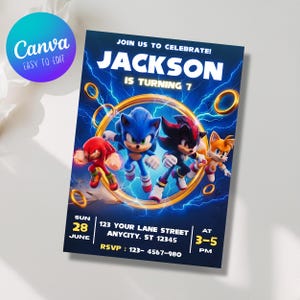 May include: A rectangular birthday invitation card featuring Sonic the Hedgehog characters Knuckles, Sonic, Shadow, and Tails. The text reads JOIN US TO CELEBRATE! JACKSON IS TURNING 7, with event details including SUN 28 JUNE, 123 YOUR LANE STREET, and 3-5 PM.