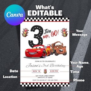 Lightning Mcqueen 3rd Birthday Invitation, Cars Theme, Kids Birthday Party, Editable Personalized Canva Digital Download image 7