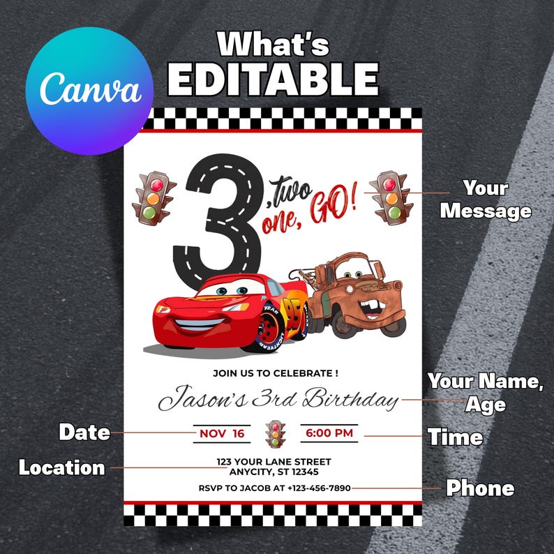 Lightning Mcqueen 3rd Birthday Invitation, Cars Theme, Kids Birthday Party, Editable Personalized Canva Digital Download image 7