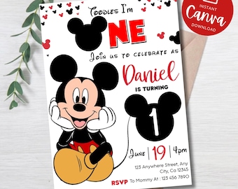 Editable Mickey Mouse 1st Birthday Invitation for Boys, Personalized Kids Invite, Canva Template, Instant Download