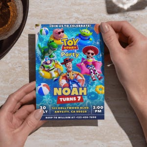 Toy Story Pool Party Birthday Invitation, Summer Kids Birthday Invite, Toy Story Pool Party, Editable Canva Template (Digital Download) afbeelding 5
