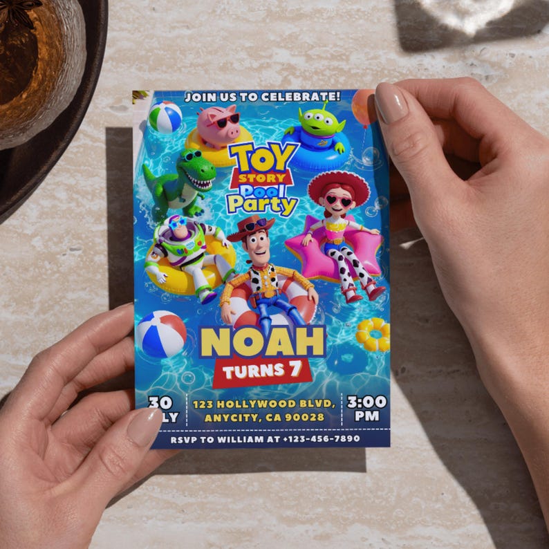 Toy Story Pool Party Birthday Invitation, Summer Kids Birthday Invite, Toy Story Pool Party, Editable Canva Template (Digital Download) afbeelding 5