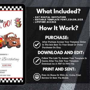 Lightning Mcqueen 3rd Birthday Invitation, Cars Theme, Kids Birthday Party, Editable Personalized Canva Digital Download image 6