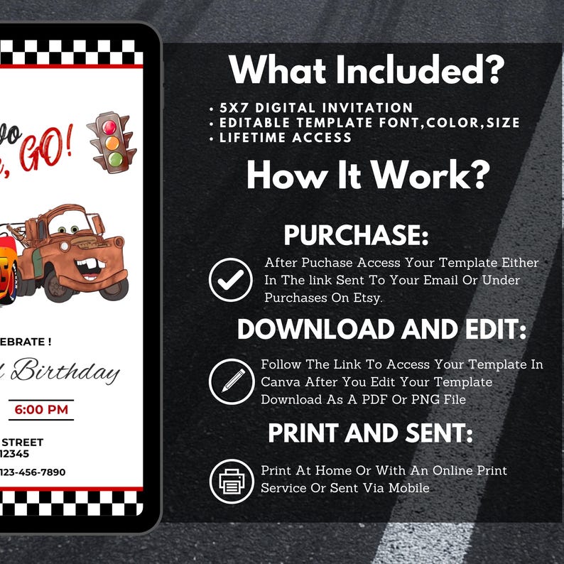 Lightning Mcqueen 3rd Birthday Invitation, Cars Theme, Kids Birthday Party, Editable Personalized Canva Digital Download image 6