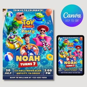 Op de afbeelding: Een digitale Toy Story zwembadfeest uitnodiging met Woody, Buzz Lightyear, Jessie, Rex, Hamm en een alien in een blauw zwembad. De tekst luidt JOIN US TO CELEBRATE, TOY STORY POOL PARTY, NOAH TURNS 7, 30 JULY, 123 HOLLYWOOD BLVD, 3:00 PM.