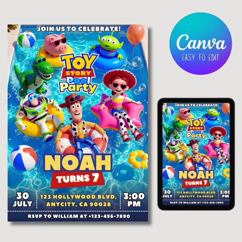 Op de afbeelding: Een digitale Toy Story zwembadfeest uitnodiging met Woody, Buzz Lightyear, Jessie, Rex, Hamm en een alien in een blauw zwembad. De tekst luidt JOIN US TO CELEBRATE, TOY STORY POOL PARTY, NOAH TURNS 7, 30 JULY, 123 HOLLYWOOD BLVD, 3:00 PM.