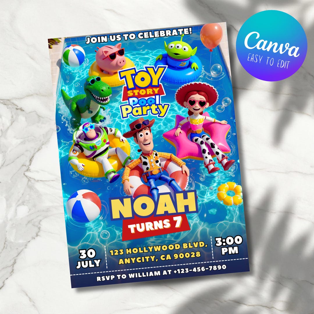 Toy Story Pool Party Birthday Invitation, Summer Kids Birthday Invite, Toy Story Pool Part