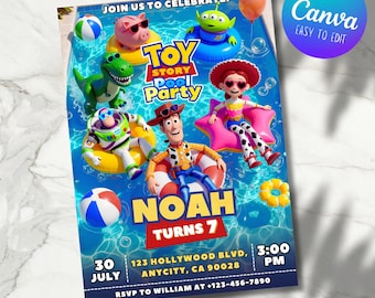 Uitnodiging voor een Toy Story zwembadfeestje, zomerse kinderverjaardagskaart, Toy Story zwembadfeestje, bewerkbare Canva-sjabloon (digitale download)