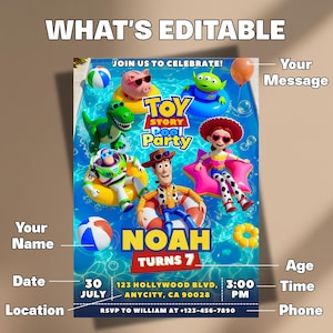 Op de afbeelding: Een digitaal uitnodigingssjabloon voor een Toy Story zwembadfeest met personages zoals Woody, Buzz Lightyear en Jessie in een zwembad. De tekst bevat WHAT'S EDITABLE, JOIN US TO CELEBRATE, TOY STORY POOL PARTY, NOAH TURNS 7, 30 JULY, 123 HOLLYWOOD BLVD, 3:00 PM en RSVP TO WILLIAM AT +123-456-7890.