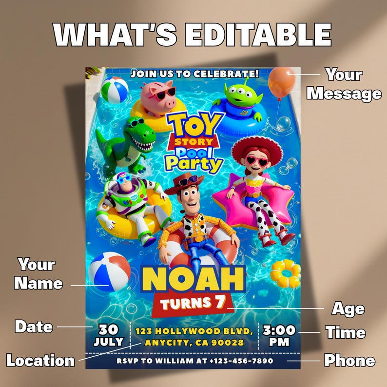 Op de afbeelding: Een digitaal uitnodigingssjabloon voor een Toy Story zwembadfeest met personages zoals Woody, Buzz Lightyear en Jessie in een zwembad. De tekst bevat WHAT'S EDITABLE, JOIN US TO CELEBRATE, TOY STORY POOL PARTY, NOAH TURNS 7, 30 JULY, 123 HOLLYWOOD BLVD, 3:00 PM en RSVP TO WILLIAM AT +123-456-7890.