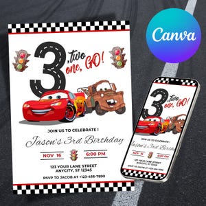 Lightning Mcqueen 3rd Birthday Invitation, Cars Theme, Kids Birthday Party, Editable Personalized Canva Digital Download image 2