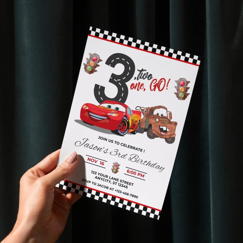 Lightning Mcqueen 3rd Birthday Invitation, Cars Theme, Kids Birthday Party, Editable Personalized Canva Digital Download image 4