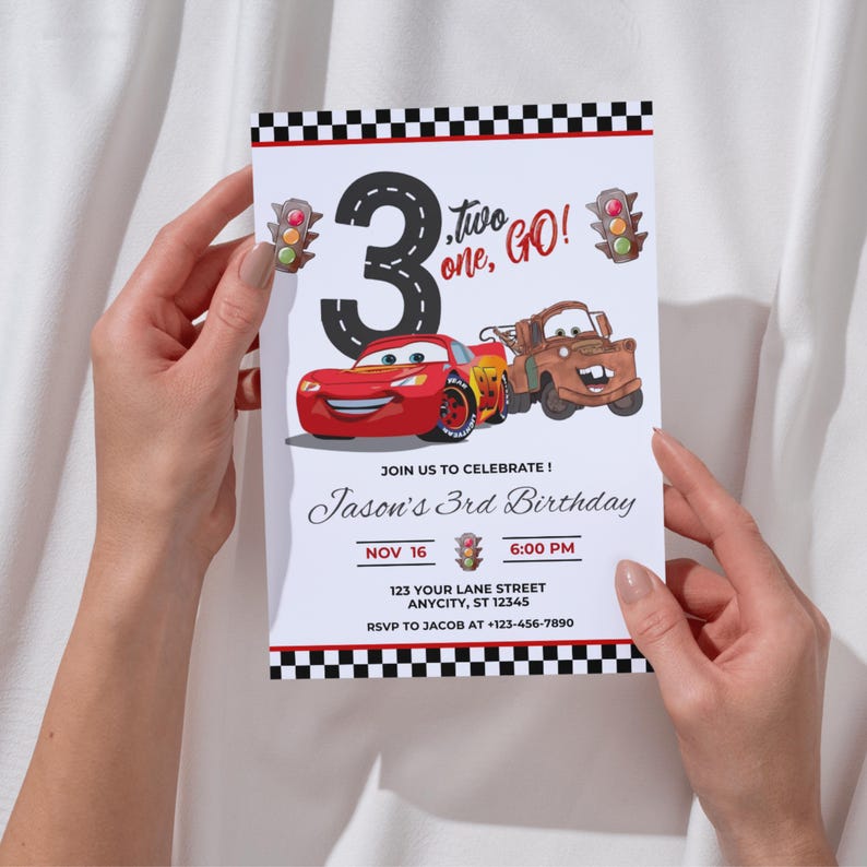 Lightning Mcqueen 3rd Birthday Invitation, Cars Theme, Kids Birthday Party, Editable Personalized Canva Digital Download image 3