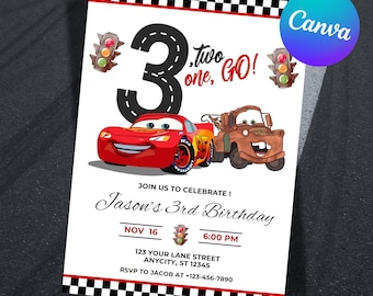 Lightning Mcqueen 3rd Birthday Invitation, Cars Theme, Kids Birthday Party, Editable Personalized Canva Digital Download