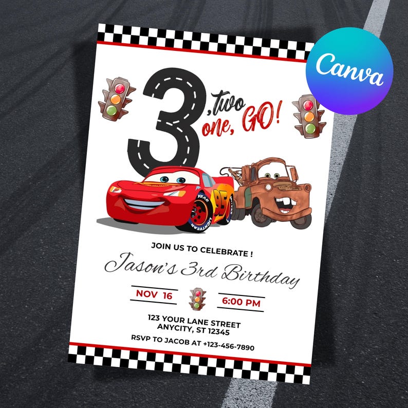 Lightning Mcqueen 3rd Birthday Invitation, Cars Theme, Kids Birthday Party, Editable Personalized Canva Digital Download image 1