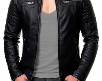 Schwarze Biker-Lederjacke - Echter Zip-Bomber, handgefertigte klassische Herrenoberbekleidung