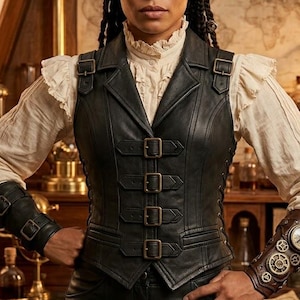 Dam Gotisk Steampunk Läderväst med Spännen Framtill för Cosplay-dräkter