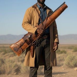 May include: A man in a tan coat and denim shirt holds a brown leather rifle case. The case is strapped across his body. He wears black pants and brown boots. The background is a desert landscape with a blue sky.