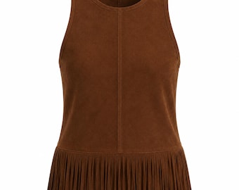 Brązowy damski top ze sztucznego zamszu | Bluzka z frędzlami w stylu western | Strój na koncert country | Moda na festiwal boho | Styl kowbojki