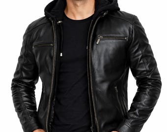 Herren Biker Style Schwarze Lederjacke mit Reißverschluss und Kapuze