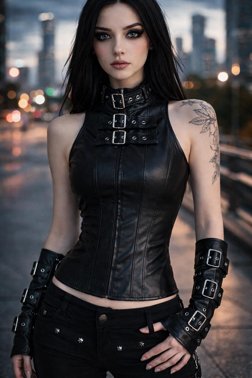 Black Gothic Leather Corset Vest for Women - Buckle Strap Punk Outfit, Sleeveless Biker Top