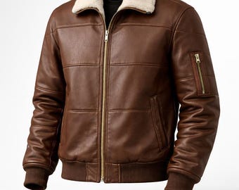 Giubbotto bomber in pelle marrone da uomo con fodera in stile shearling color crema