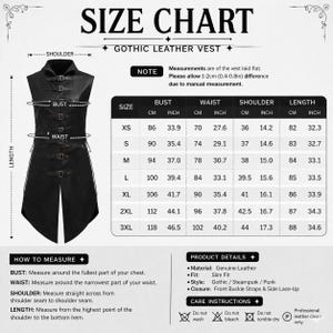 K&ouml;nnte beinhalten: Gr&ouml;&szlig;entabelle f&uuml;r eine Gothic Lederweste. Die Tabelle zeigt Ma&szlig;e in cm und Zoll f&uuml;r Brust, Taille, Schulter und L&auml;nge, von XS bis 3XL. Die Weste hat Schnallenriemen und eine seitliche Schn&uuml;rung.