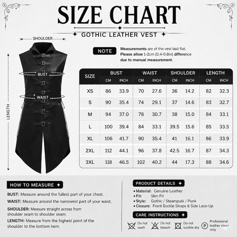 K&ouml;nnte beinhalten: Gr&ouml;&szlig;entabelle f&uuml;r eine Gothic Lederweste. Die Tabelle zeigt Ma&szlig;e in cm und Zoll f&uuml;r Brust, Taille, Schulter und L&auml;nge, von XS bis 3XL. Die Weste hat Schnallenriemen und eine seitliche Schn&uuml;rung.
