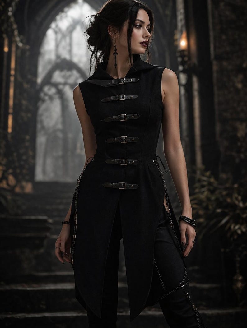 K&ouml;nnte beinhalten: Eine &auml;rmellose schwarze Weste mit mehreren Schnallenverschl&uuml;ssen, kombiniert mit einer schwarzen Hose. Die Weste hat eine Kapuze und ist mit dekorativen Ketten verziert. Das Outfit hat eine gotische oder mittelalterliche &Auml;sthetik.