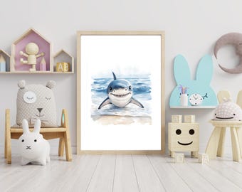Cuadro decorativo de tiburón blanco / Lámina realista de tiburón / Decoración oceánica para habitación infantil / Arte para habitación infantil con temática marina / Descarga instantánea