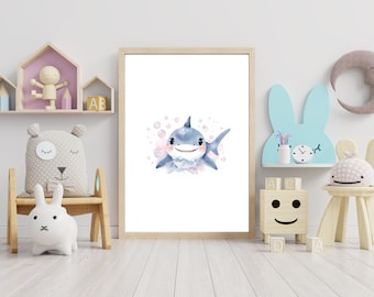 Lindo dibujo de tiburón en acuarela para la habitación infantil / Lámina de tiburón sonriente para la decoración de la habitación de los niños / Lámina con temática oceánica para niños y niñas / Descarga instantánea