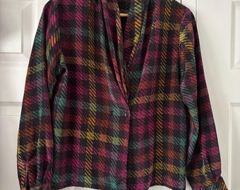 Petite impressions vintage 80s plaid print shawl collar blouse black multi coloured size 10