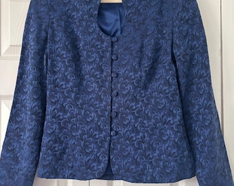 Vintage 1980s navy blue Gillis-Brown jacket with a scroll pattern and button-up closure size 12