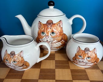Arthur Wood "Cat and Mouse" ceramic teapot set, "Back to Front" novelty series . Teapot, milk jug/ creamer and sugar bowl